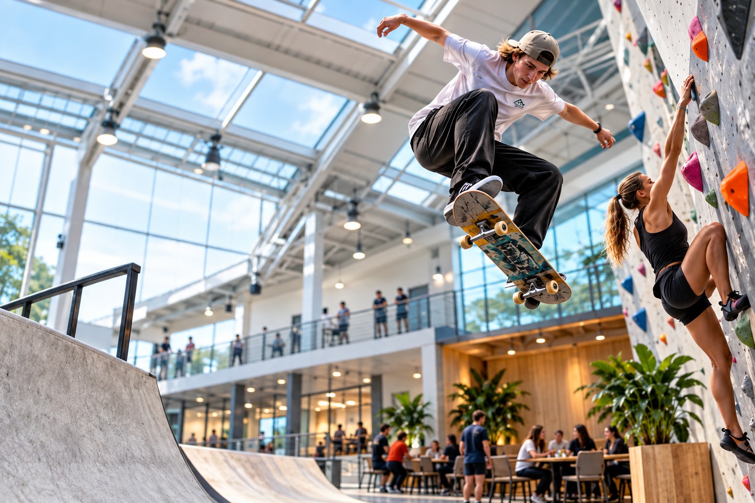 Indoor action sports and community concept showing skateboarding, climbing and social space